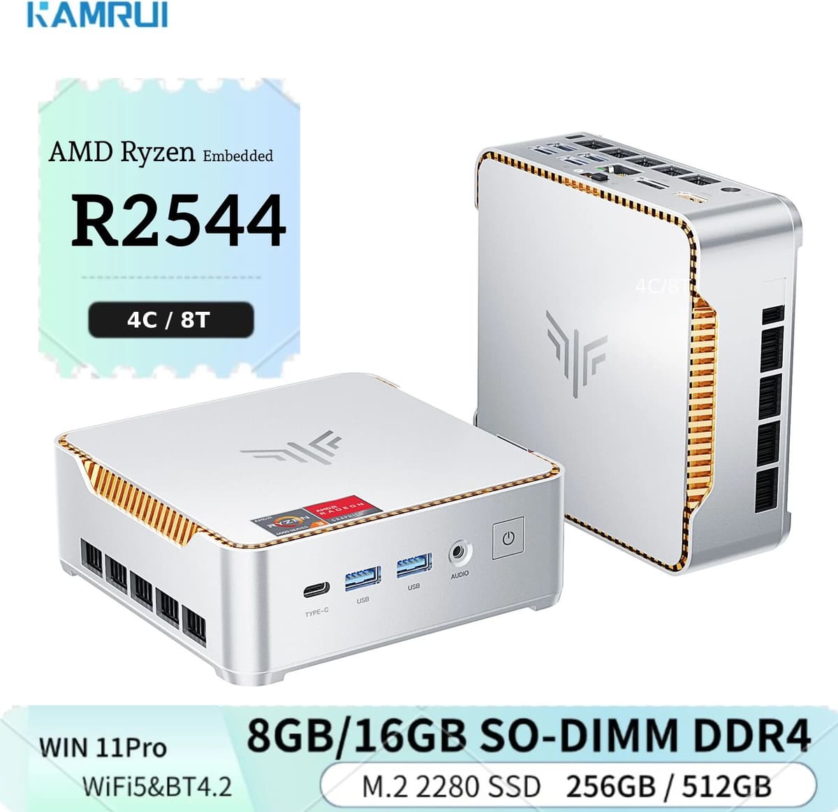 KAMRUI Mini PC 16GB SO-DIMM DDR4 512 M.2 2280 SSD AMD Ryzen R2544 up to 3.7GHz HDMI+DP1.4 Dual 4K UHD WiFi5 Desktop Micro PC