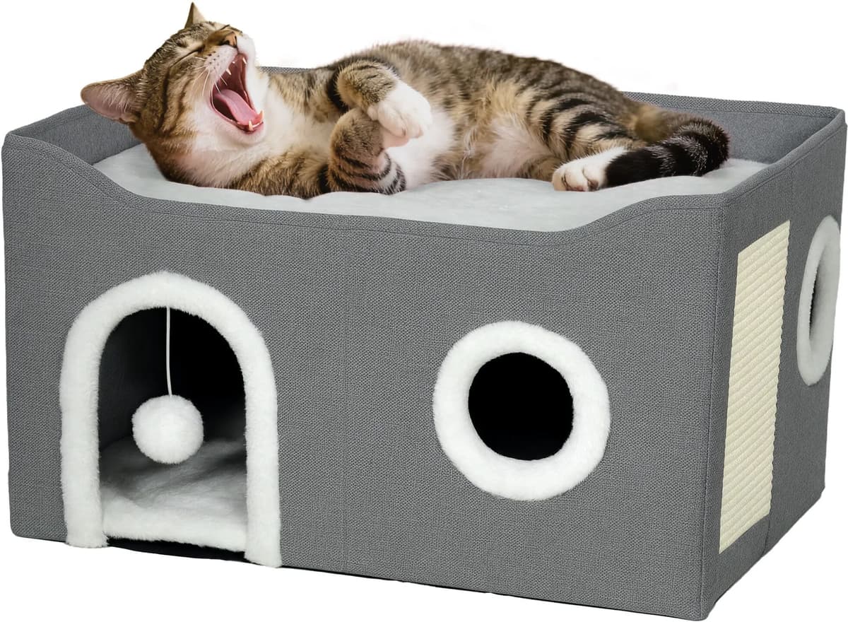 PawHut Cat Cave with Fluffy Ball and Scratch Pad for Indoor Pets