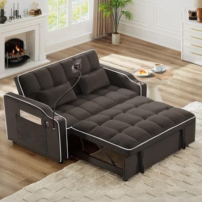 Loedds 53-Inch Velvet 3-in-1 Sofa Bed with USB Type-C Phone Holder and Cup Holders