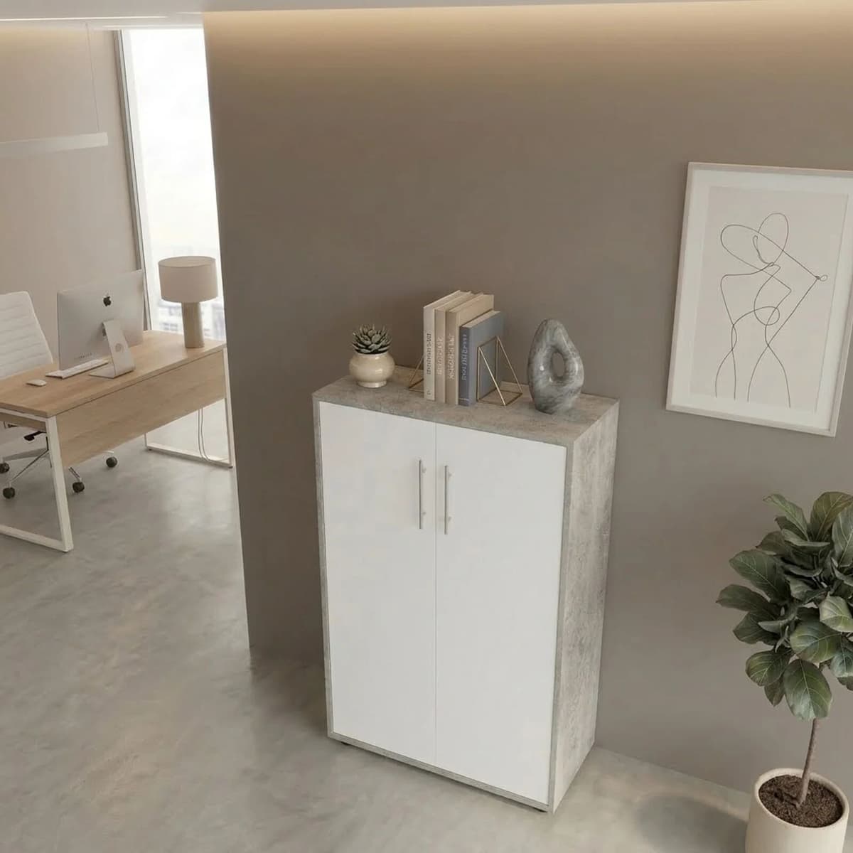 garneroarredamenti Armadio ufficio 79x118h cm 2 ante bianco frassinato cemento Woody
