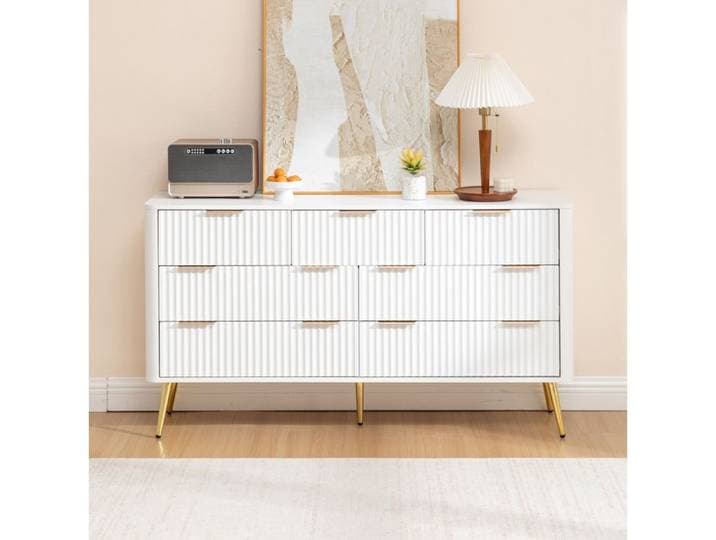 Commode blanche 7 tiroirs en MDF 145 x 40 x 80 cm avec poignées métal glissières soft-close et anti-basculement