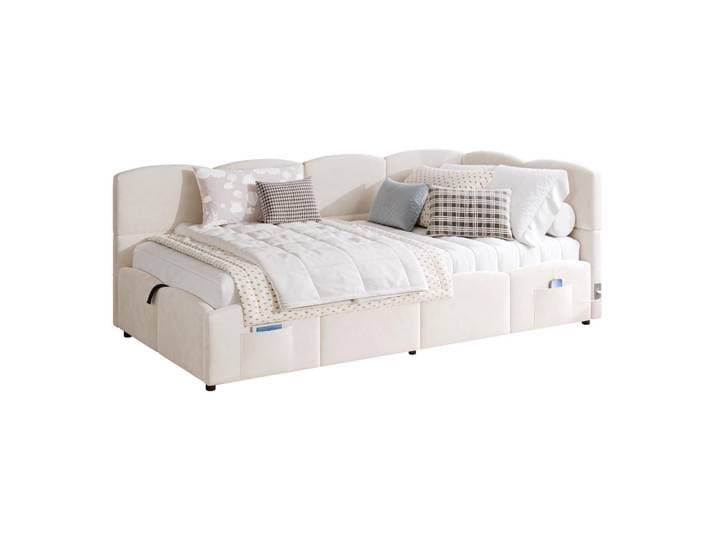 Wishdor Schlafsofa 90/200 cm in Beige Samt mit Stauraum, USB und Stautasche, Metall, Rechteckig, 90x200 cm, Schlafzimmer, Betten, Polsterbetten