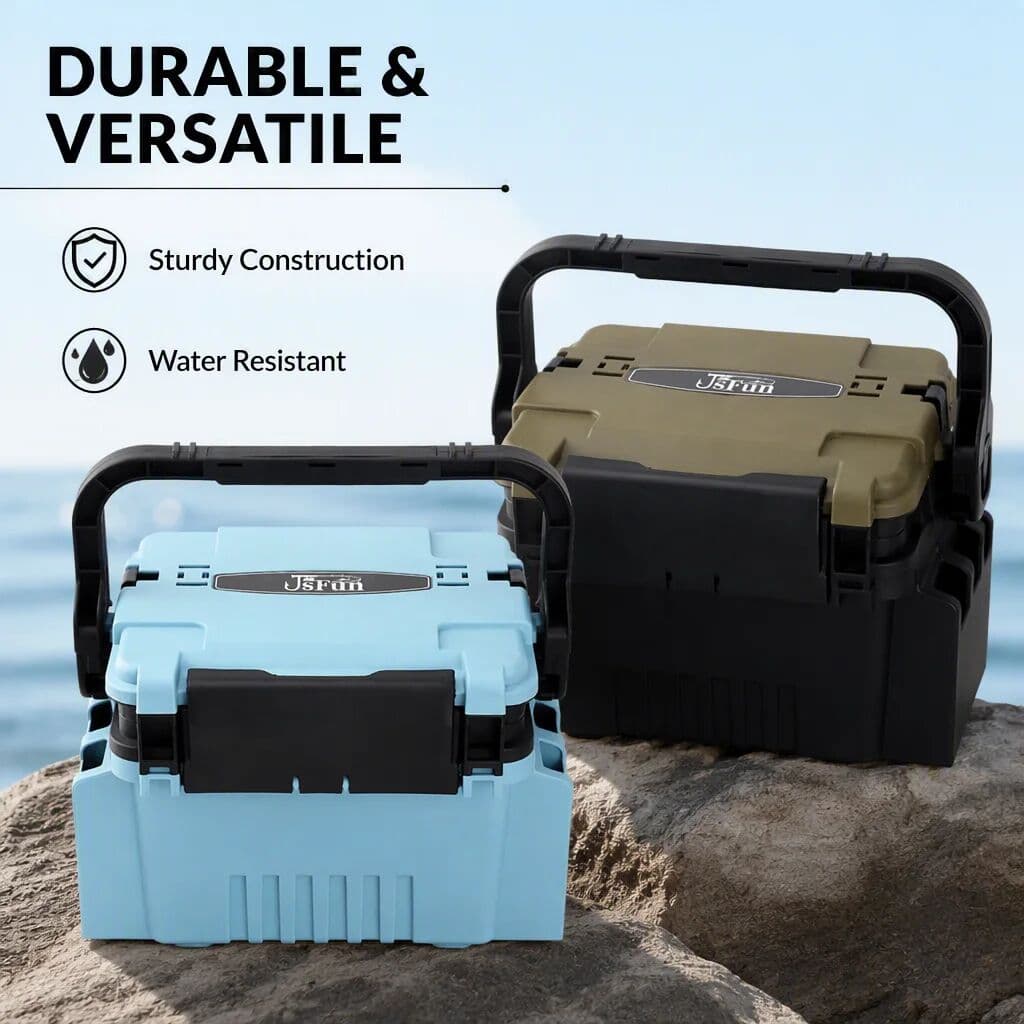 JSFUN 2‑Size & 4‑Colors Optional Fishing Tackle Box Waterproof Shockproof Hard‑Plastic Storage Case With Comfort‑Grip Handle