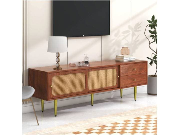 Meuble TV 2 tiroirs 2 portes coulissantes 4 compartiments et passe-câbles - BEAUNIV - MDF Noyer 160×40×60 cm