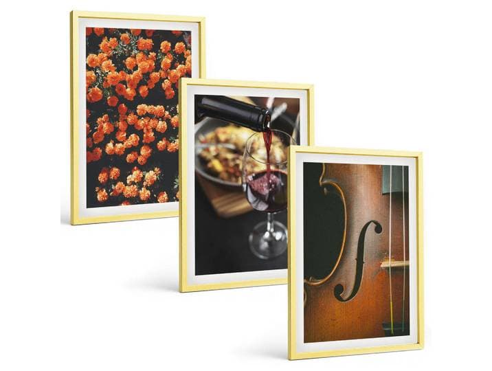 Tulup Bilder SET 3er Set - 40x60 cm Goldrahmen - Vintage Blumen Wein Geige, Goldfarben, Kunststoff, Rechteckig, 40x60 cm, gerahmt, Bilder & Rahmen, Bilder