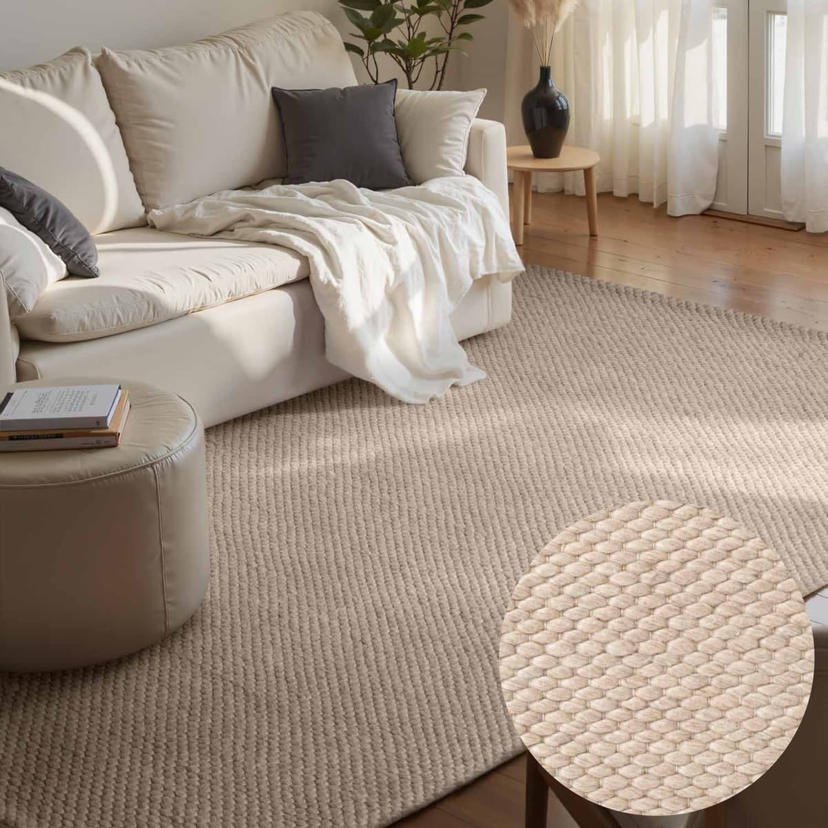 Wollteppich ELLE DECORATION "Beans", beige (uni, beige, natur), B:200cm H:10mm L:290cm, Wolle, Teppiche, Wollteppich, Handweb Teppich Wolle, Perlenstruktur, Wohnzimmer, Schlafzimmer, Flur uni, beige, natur B : 200cm 1 Stk., 10mm, L: 290cm