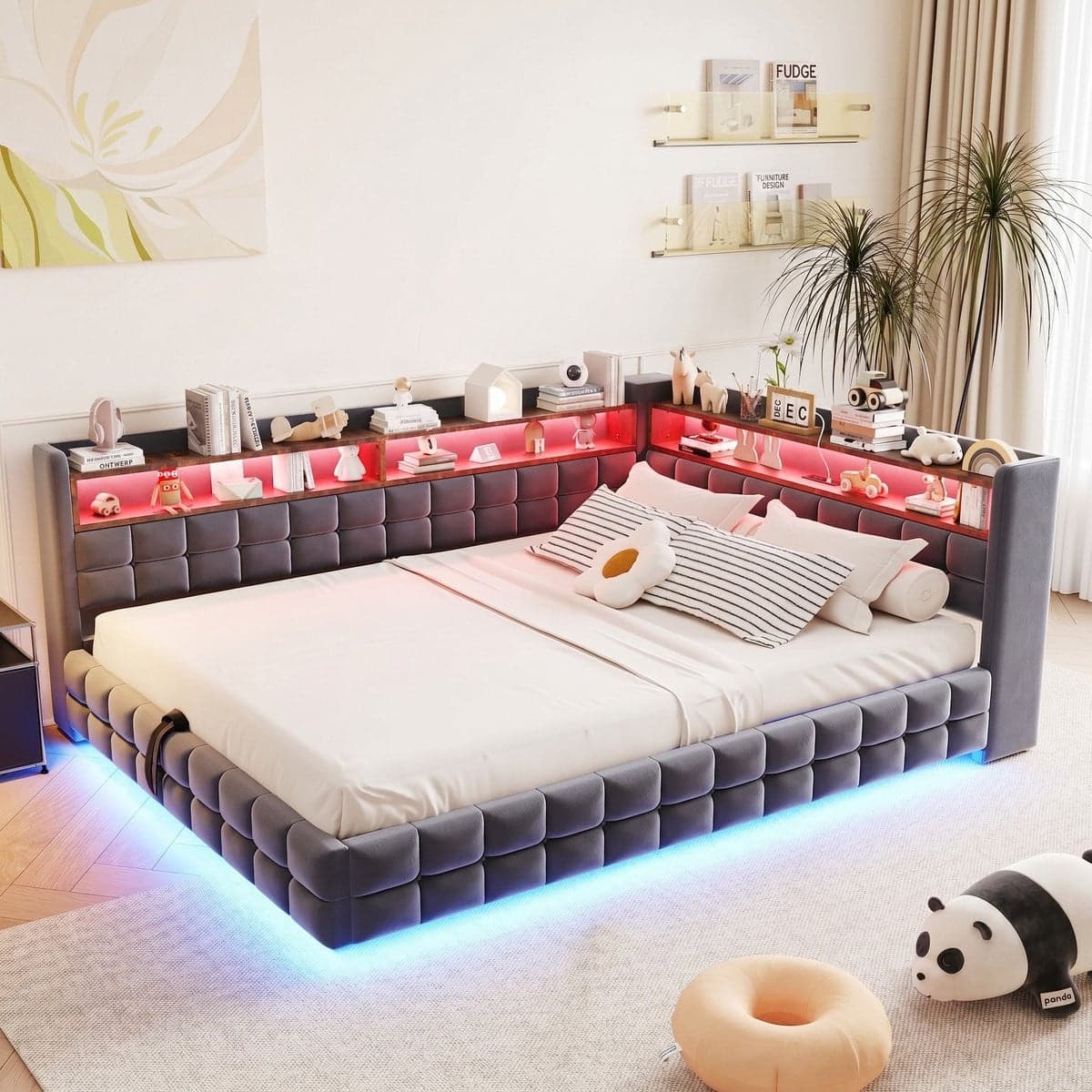 Fluwelen slaapbank voor 2 personen met opbergruimte, LED-verlichting en USB/USB-C aansluitingen, B/D/H: 140 x 200 cm
