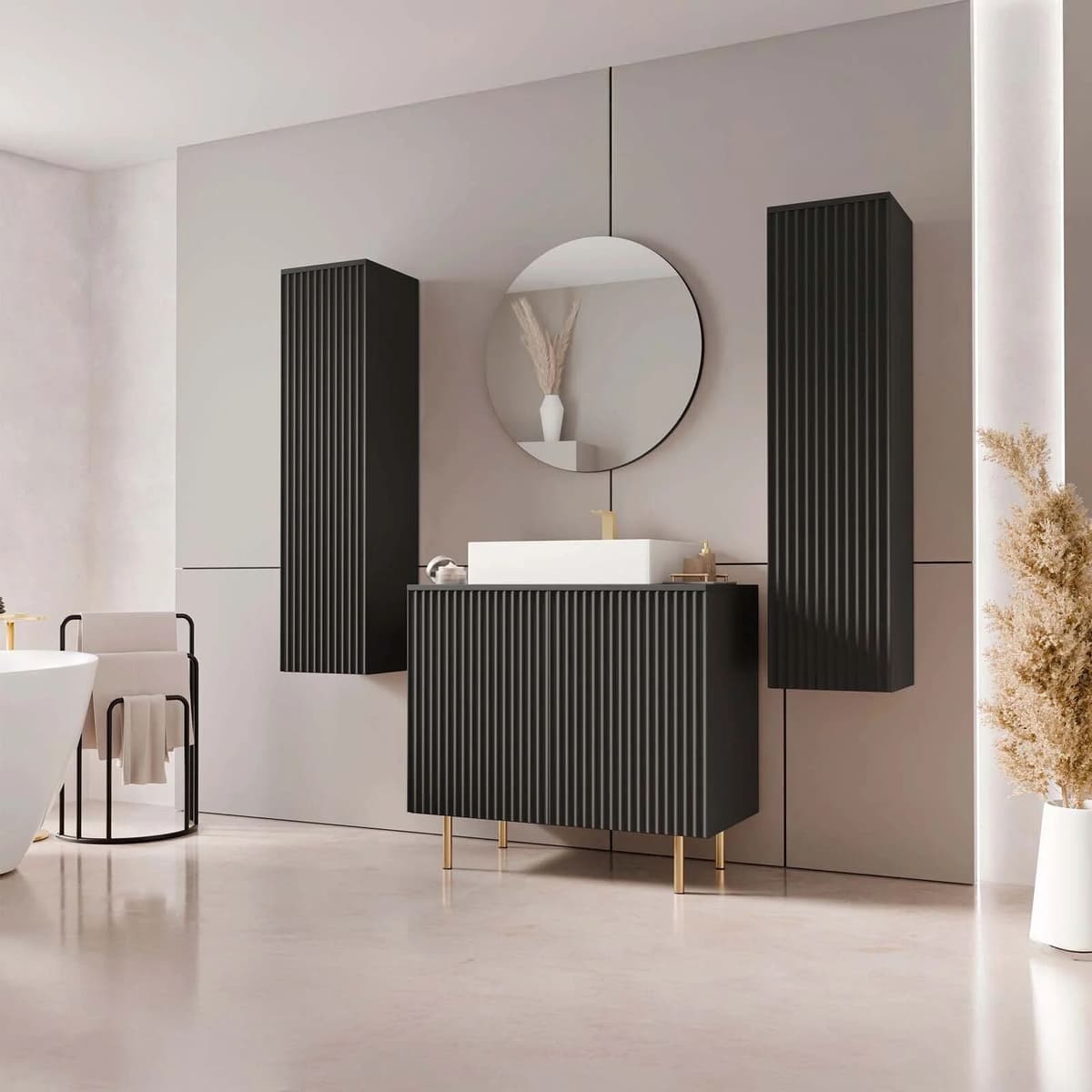 garneroarredamenti Mobile bagno a terra cannettato 87 cm con 2 colonne sospese e specchio nero Nuria