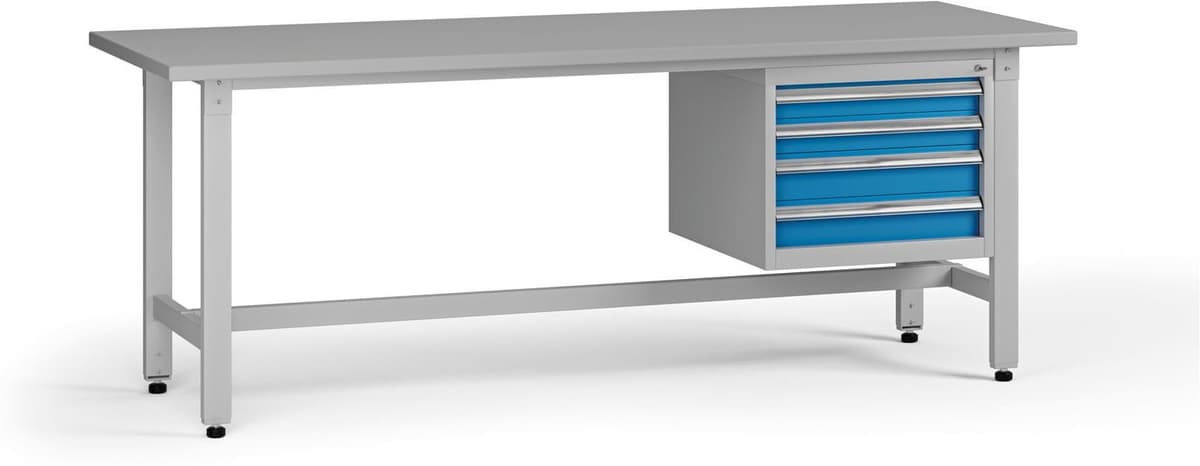 B2B Partner Stół warsztatowy z regulacją wysokości G5, 2100 x 750 x 800-1000 mm, 1x kontener, 4x szuflada, niebieski