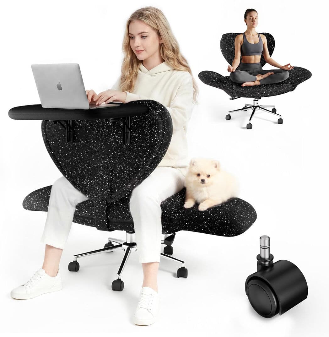 Rebrilliant Office Chair with Laptop Tray, Criss Cross Chair with Flip Arms & Wheels, Ergonomic Cross Legged Office Chair, Gliter Fabric Wide Seat Reclining Desk Black 69cm W X 43cm D