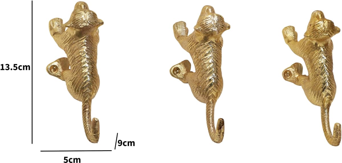 Set of 3 Gold Monkey Wall Hooks Metal