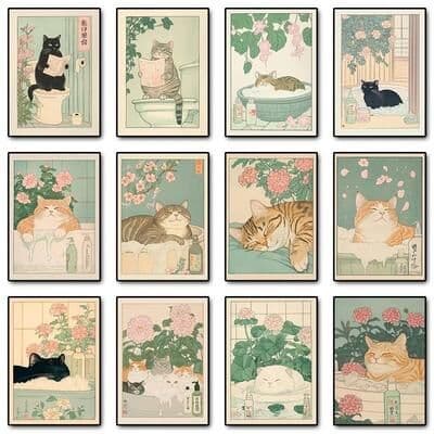 Uplift Essentials Japanese Tabby Cat In Bathtub   Retro Aesthetic Japandi Canvas Art style 9 12 X 16.5 In