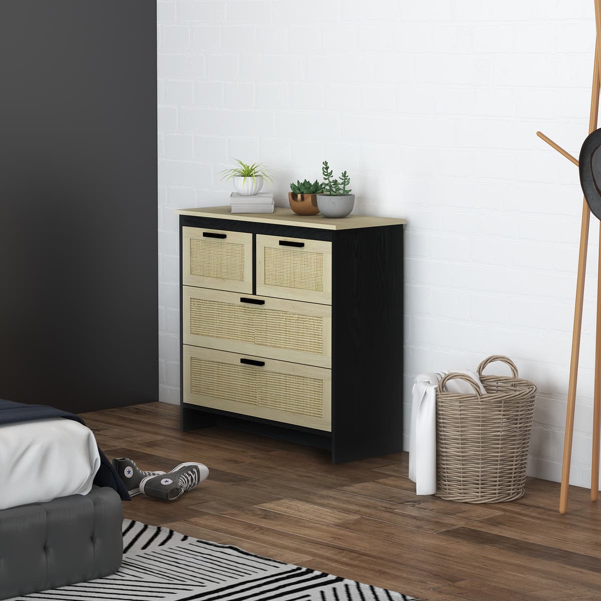 Homcom Cassettiera 4 Cassetti in Truciolato e Rattan per Soggiorno e Camera da Letto, 80x38x80 cm   Aosom Italy