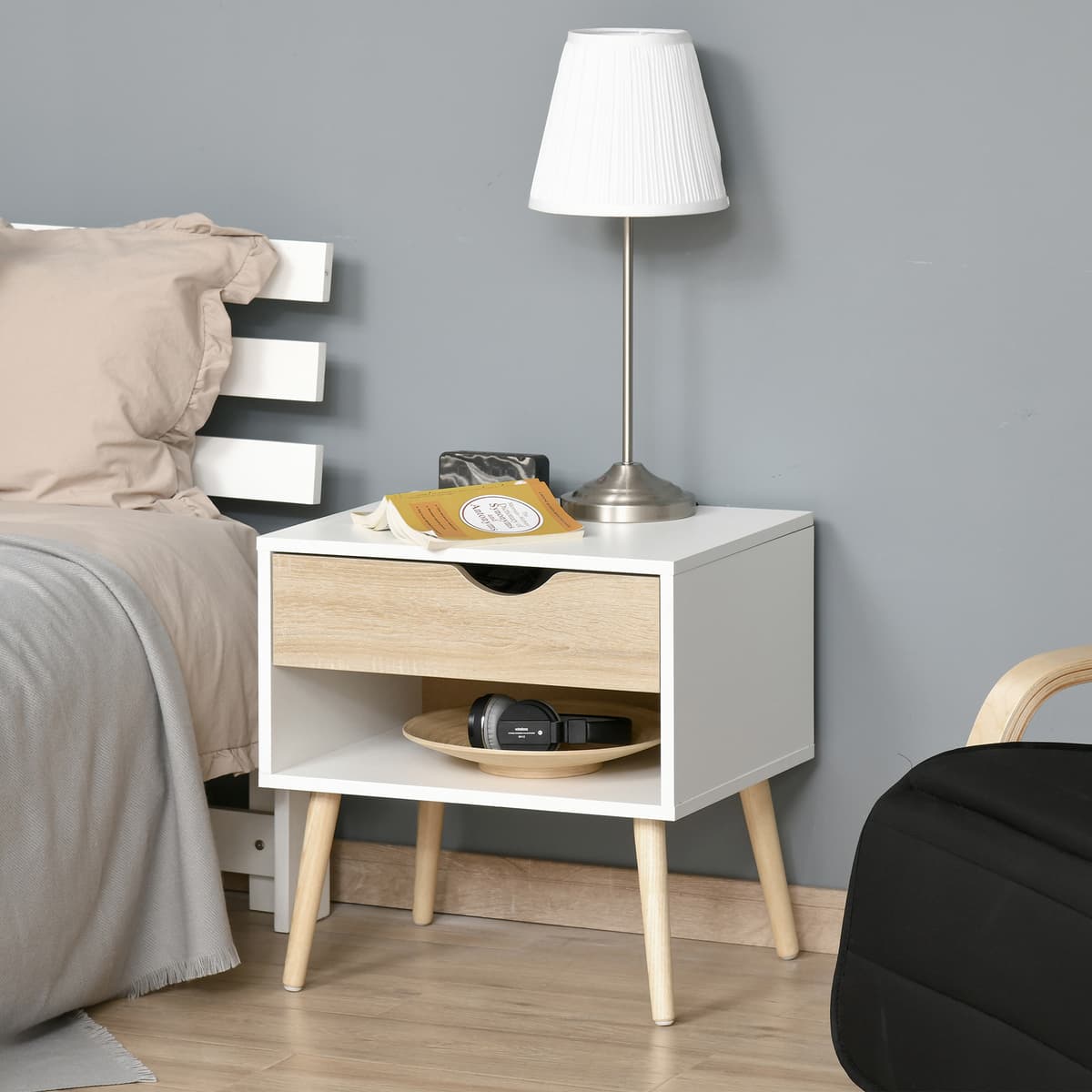 Homcom Comodino, tavolino da notte, con cassetto, design moderno, gambe in legno massiccio, 50 x 39 x 51 cm, bianco e legno naturale