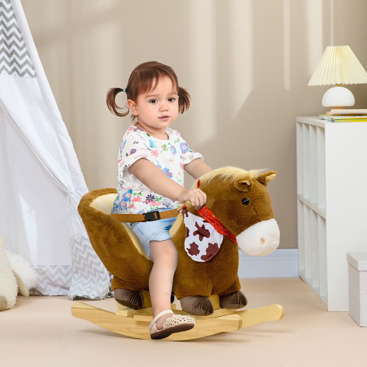 Homcom Cavallo a Dondolo per Bambini da 18-36 Mesi con Suoni Realistici, 60x33x50 cm, Marrone e color Legno Aosom