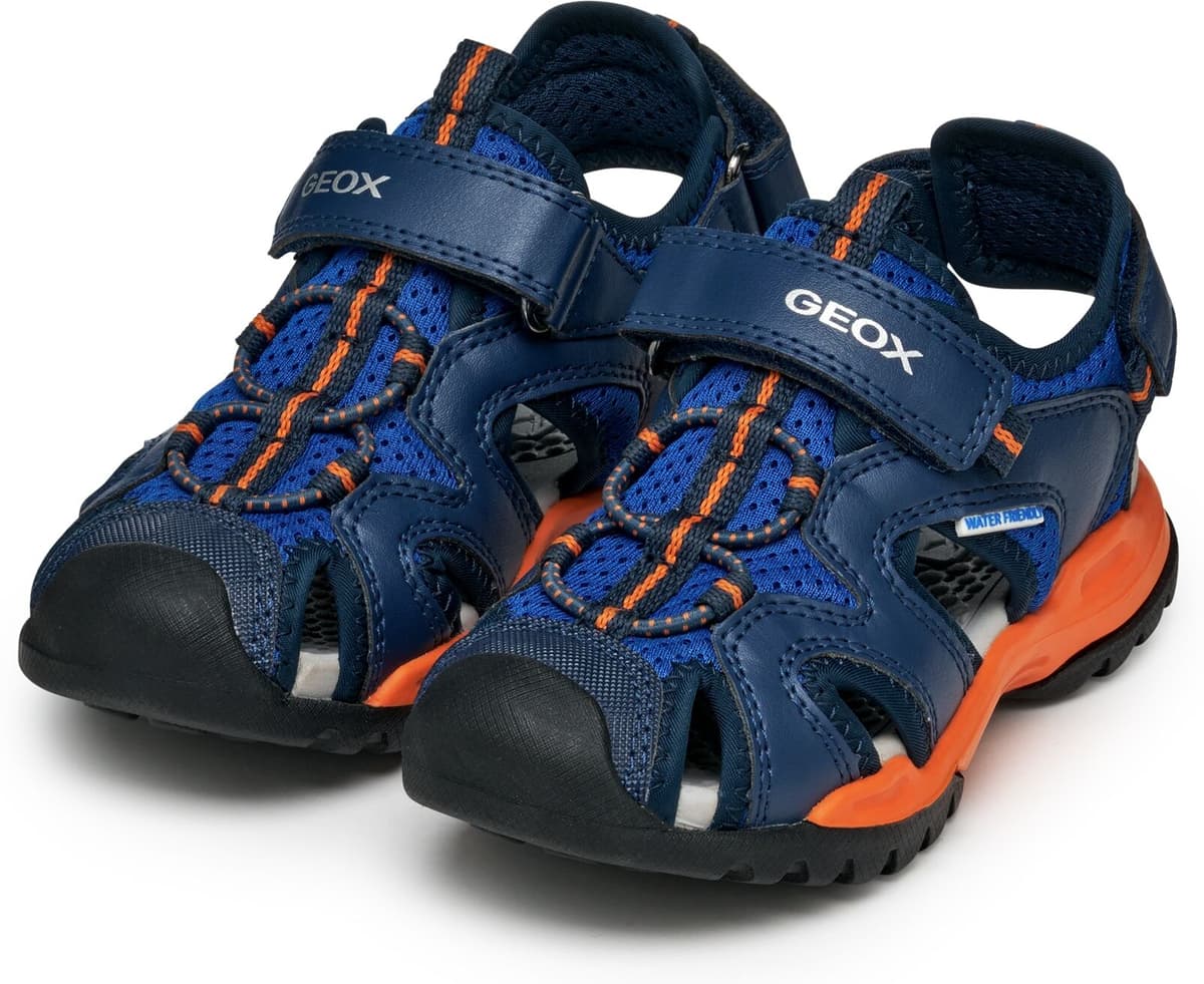Sandale GEOX "J BOREALIS BOY", Jungen, Gr. 30, Textil, blau (blau, orange), Lederimitat, Textil, Mesh, Basic, Schuhe Sandale, Kinderschuh mit Zehenschutz, Größenschablone zum Download