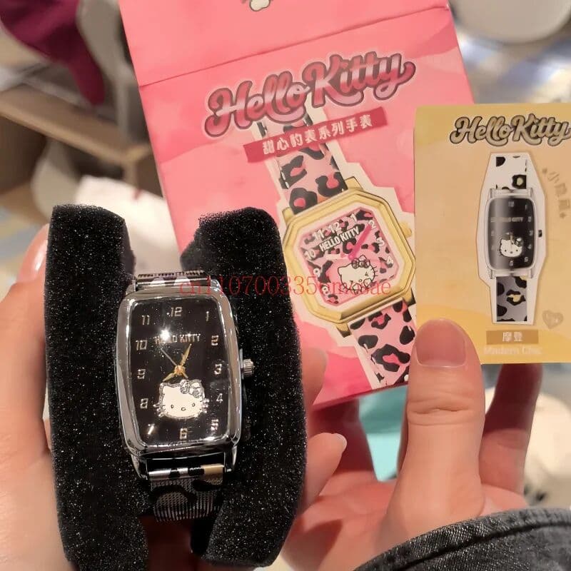 Sanrio Hello Kitty Leopard Print Wristwatch Blind Box Square Dial Ornament Authentic Birthday Surprise Gifts Daily Wear For Adult Women