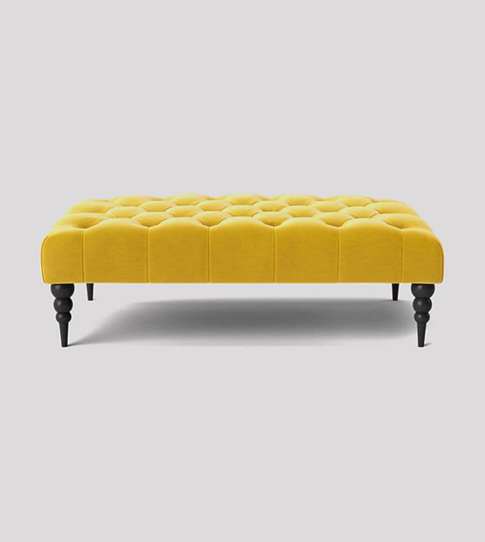 R&M Furnishers Alyana Rectangle Ottoman Bench with Wooden Legs - Plush Velvet Chesterfield Upholstered Footstool Mustard Gold 35cm H x 180cm W x 50cm D