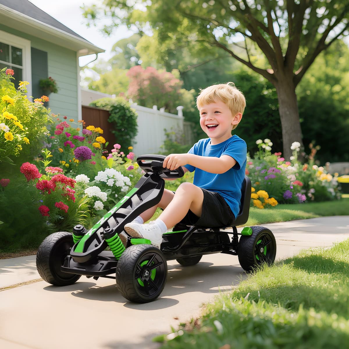 Aiyaplay Kart a pedali per bambini, karting bambino 3-6 anni con frizione automatica, freno, ruote EVA antiscivolate, verde   Aosom Italy