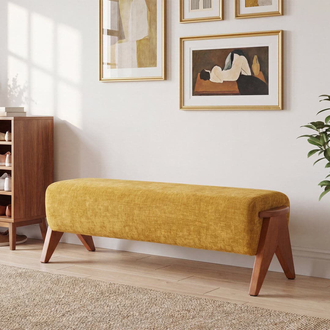 George Oliver Chenille Upholstered Bench Yellow 42.01cm H X 127.51cm W X 42cm D