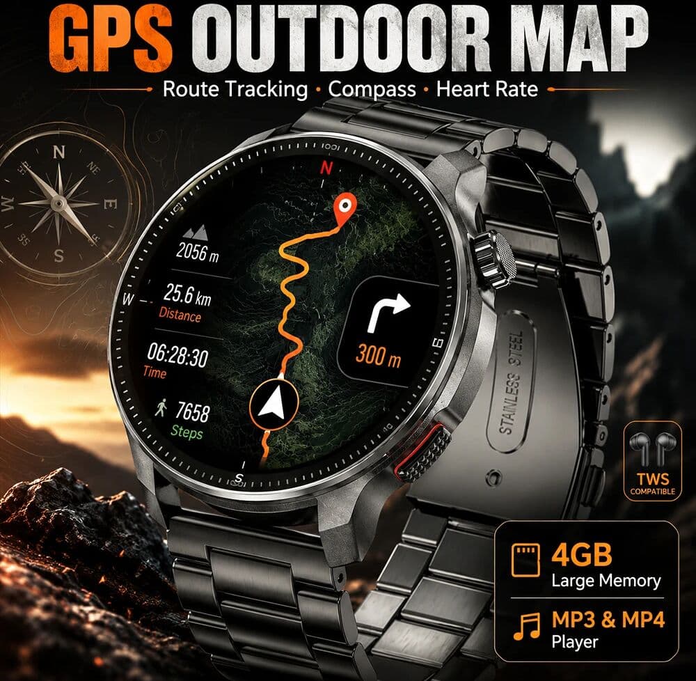 yaocx 2026 GPS Smart Watch 4GB Storage Offline Map Local Music Video Playback 200+ Custom Dials Outdoor Sports Waterproof Smartwatch