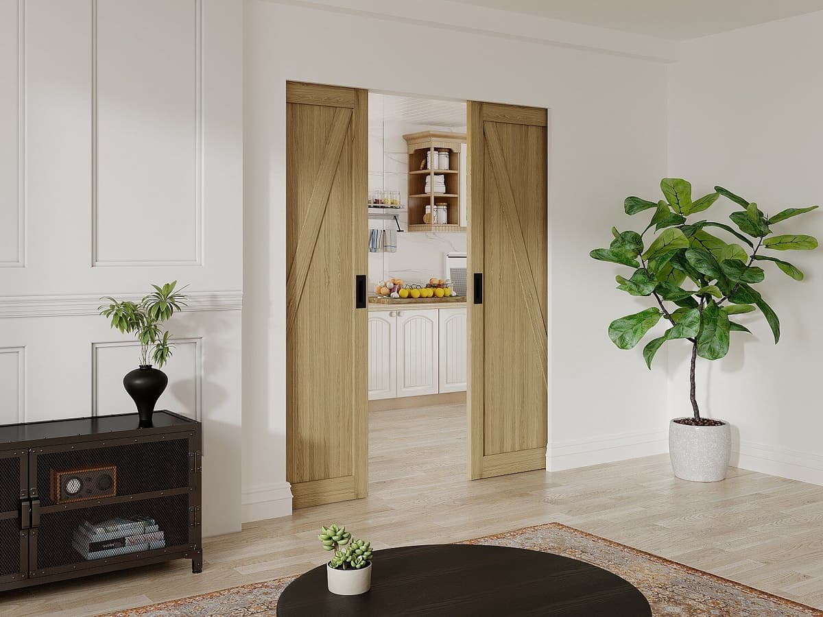 Unique Drzwi przesuwne podwójne chowane w ścianie z drewna i MDF - Naturalny jasny - 2 x wys. 205 x szer. 83 cm - BALERMA