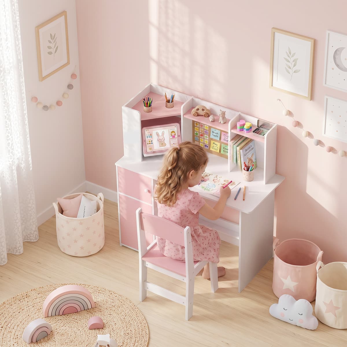 Aiyaplay Set Scrivania e Sedia per Bambini 5-12 Anni con Libreria, Portapenne, Supporto Regolabile per Tablet, Rosa   Aosom Italy