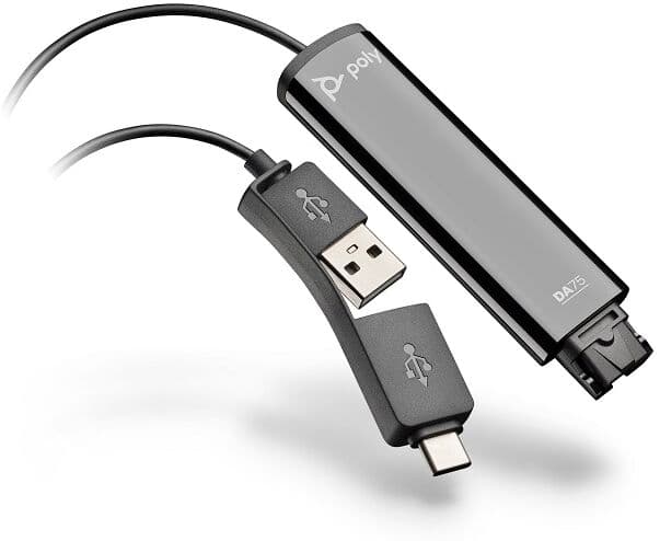 Plantronics Cordon Poly DA75   Accessoires Un adaptateur audio QD - USB permettant de connecter le casque au PC.