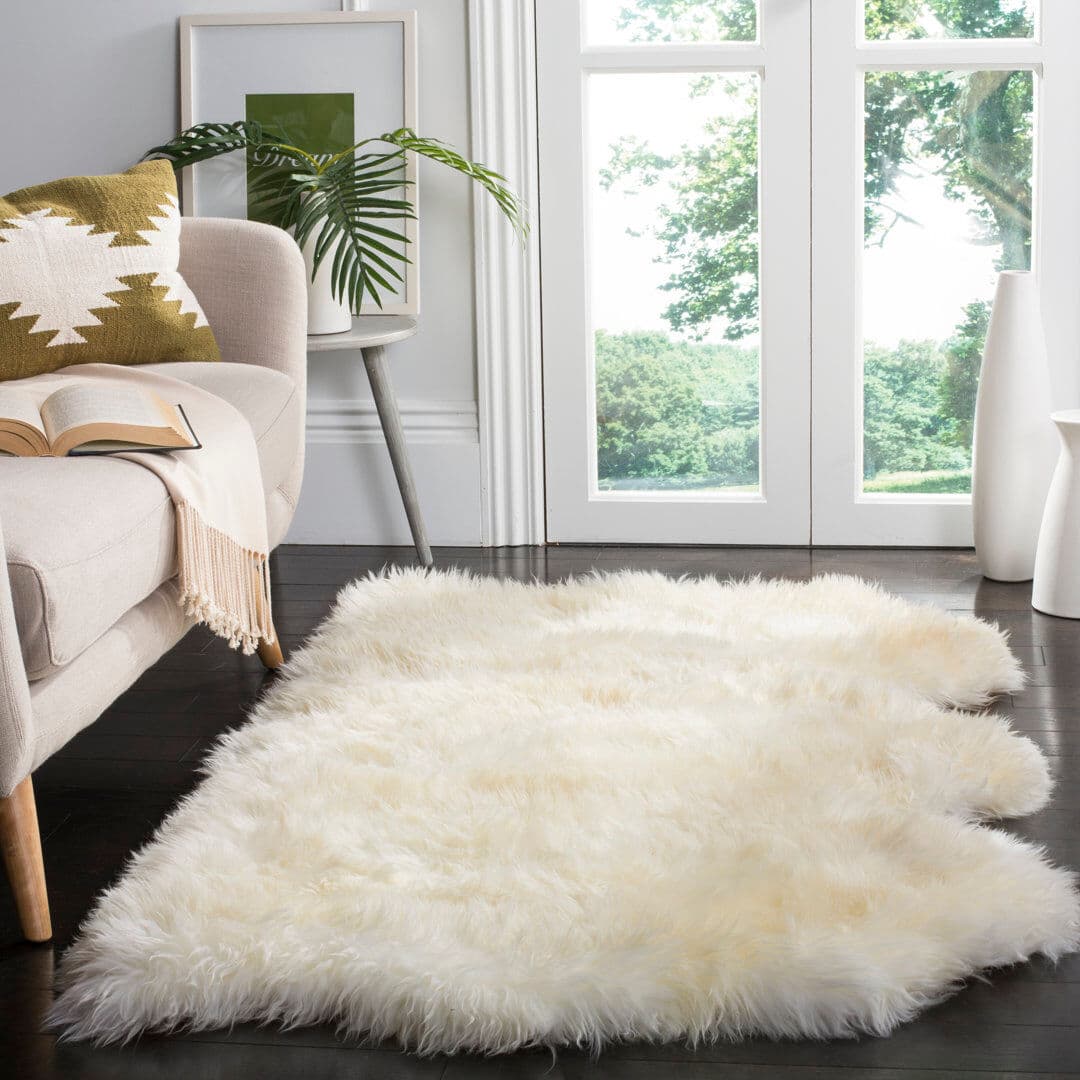 Bloomsbury Market Sheepskin Flokati Area Rug Natural / White Rectangle 91 x 152 cm