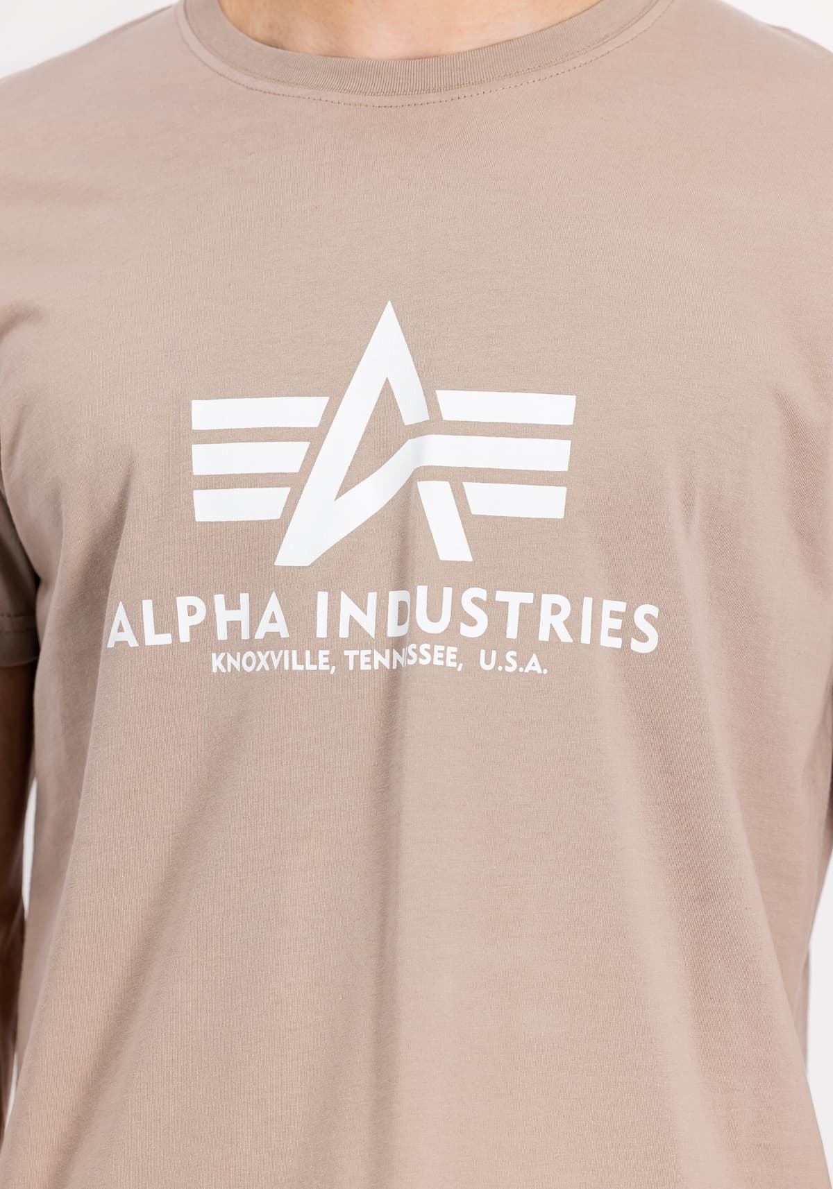 T-Shirt ALPHA INDUSTRIES "Basic T-Shirt", Herren, Gr. M, beige (vintage sand), Single Jersey, Obermaterial: 100% Baumwolle, bedruckt, regular fit normal, Rundhals, normaler Saum, Shirts T-Shirt, Baumwolle, regular fit vintage sand M