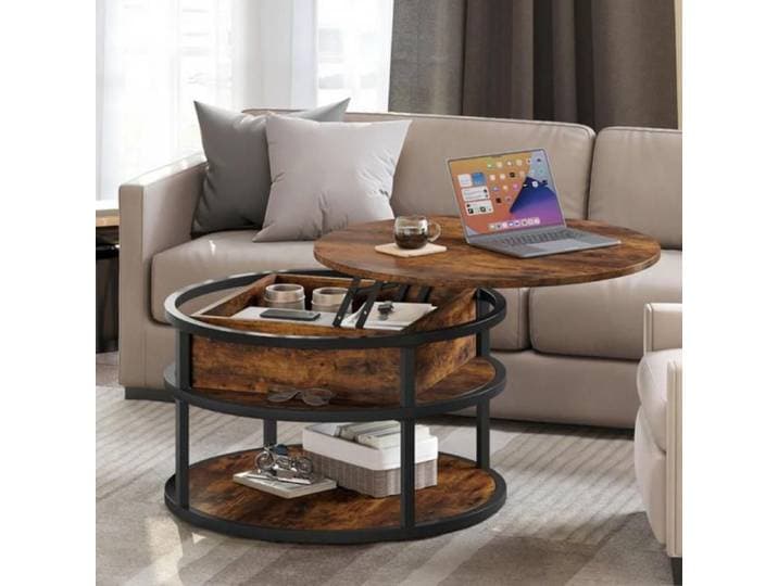 Table Basse Rond Relevable 3 Étagères Plateau Levant avec Mécanisme Doux et Silencieux Compartiment Secret 80x80x49 cm Marron