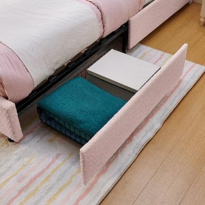 GREATPLANINC Boucle Upholstered Bed with 4 Storage Drawers LED Light Remote Contro for Kids