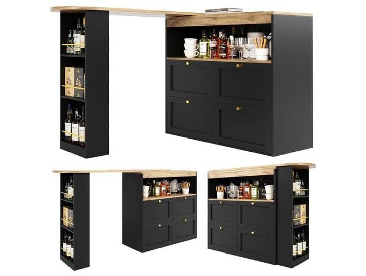 Bar rotatif 360° – Comptoir de bar – MDF noir – 4 tiroirs – 138 cm