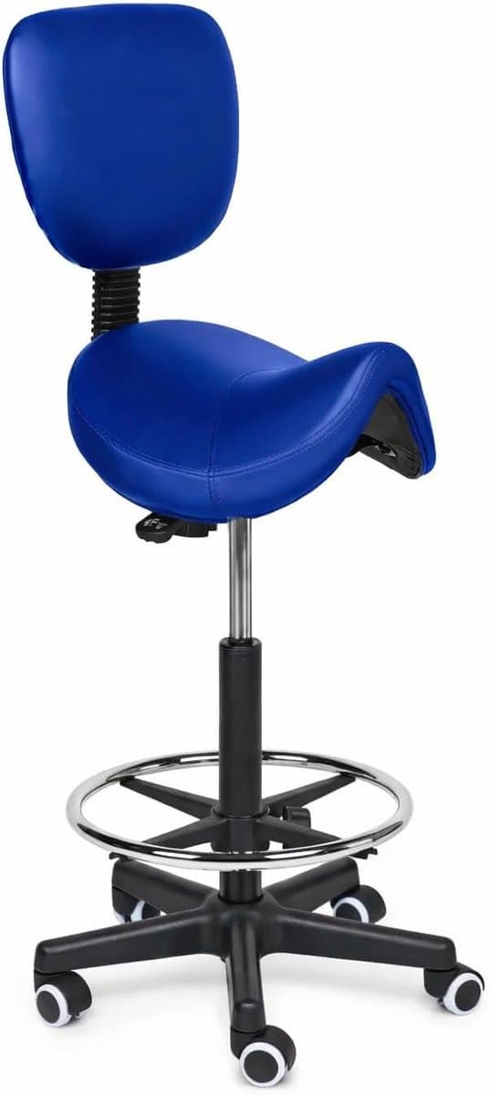 SnelShoppen Premium Zadelkruk met Rugleuning Blauw - Ergonomische Kapperskruk met Verstelbare Hoogte (40-57 cm) - Kunstlederen Zadelstoel met Zwenkwielen