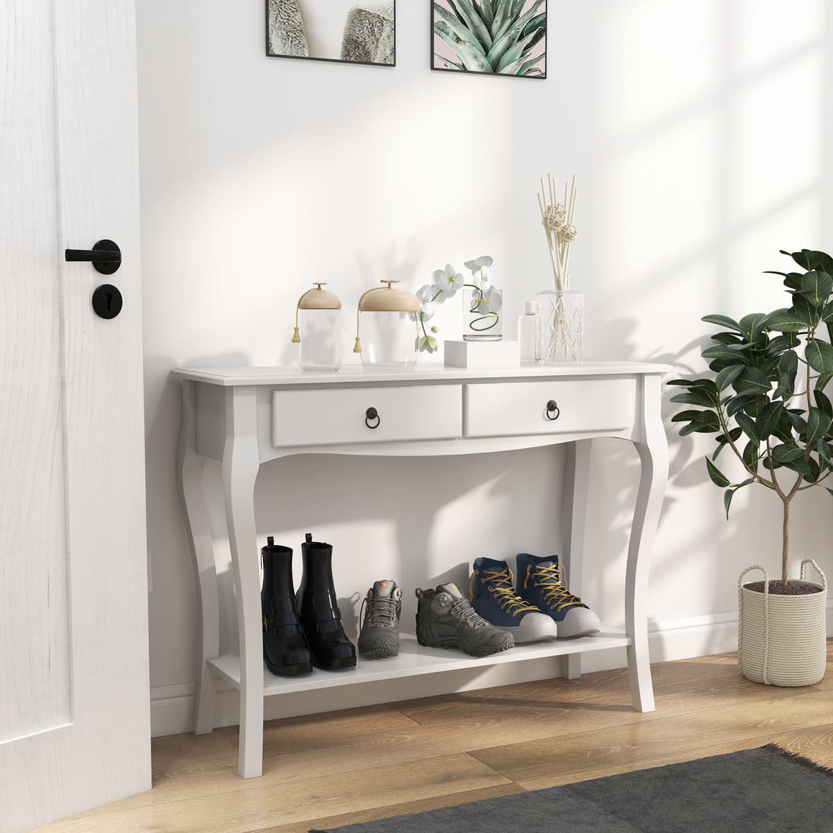 Altro Mobiletto Tavolo Consolle Da Ingresso Moderno Con 2 Cassetti Casa Legno, Per Soggiorno, Camera Da Letto E Ingresso, 100x33x75cm, Bianco