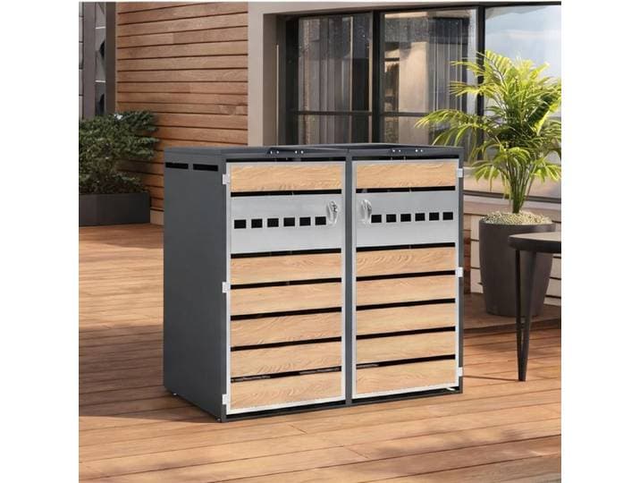 Coffre de rangement extérieur 132 cm en acier galvanisé slate gray et bois 2 compartiments avec couvercle à clapet hydraulique