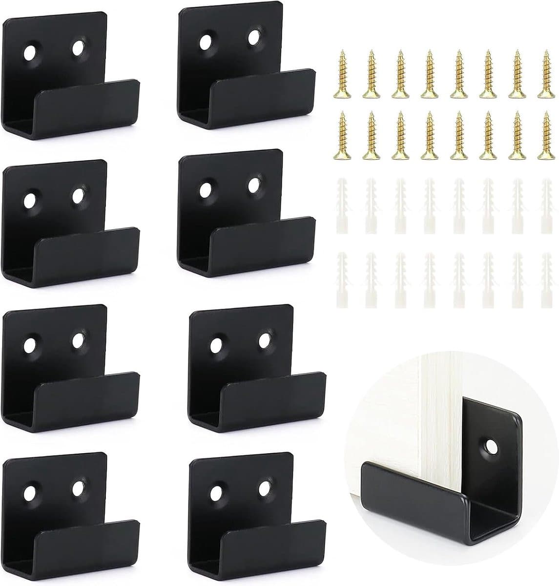 SnelShoppen 8-delige RVS Keramische Tegels Wandhaken Set in Mat Zwart met U-hoekbeugels en Montagehardware