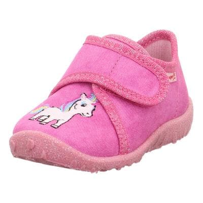 Hausschuh SUPERFIT "SPOTTY, WMS: mittel", Mädchen, Gr. 24, pink (pink einhorn), Baumwolle, Schuhe Hausschuh, Kindergartenschuh mit Klettverschluss, Größenschablone zum Download