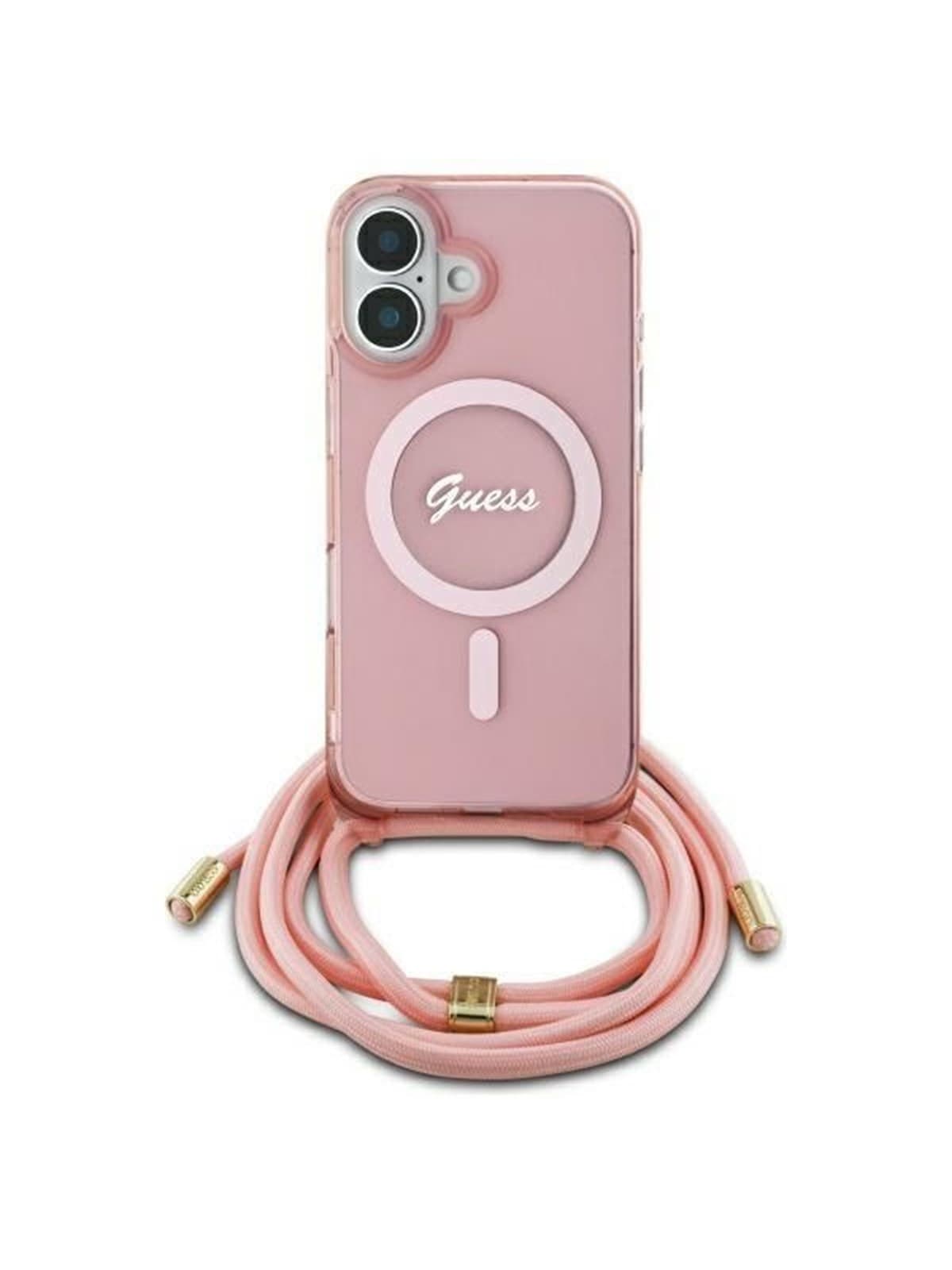 GUESS Crossbody Cord Script MagSafe iPhone 16 Case - Pink