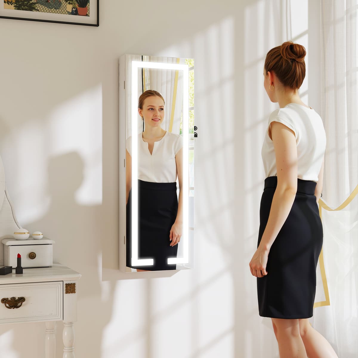 Homcom Armadietto Portagioie da Parete o Porta con Specchio Interno e Luci LED, con Serratura e Chiave, Tasca con Zip, Bianco   Aosom Italy