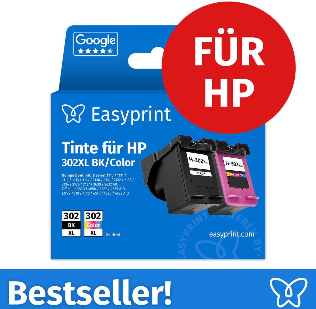 Easyprint Tintenpatronen für HP 302XL, Multipack (BK/C/M/Y), 1 Stück