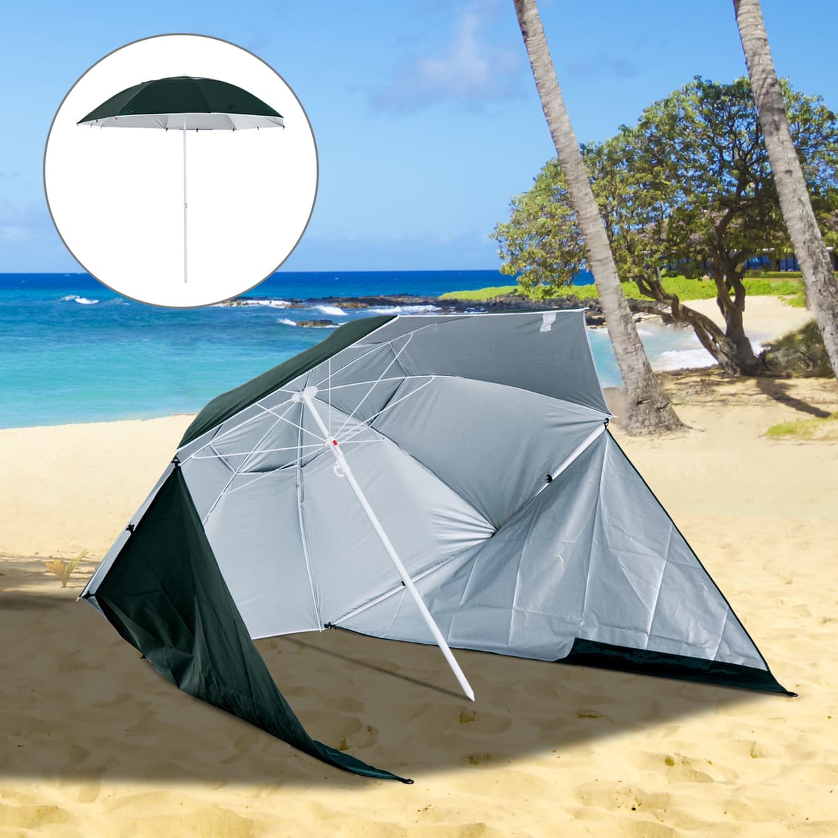 Outsunny Ombrellone Tenda da Spiaggia 2 in 1 con Borsa da Viaggio Portatile, Impermeabile e con Protezione UV 50+, Verde