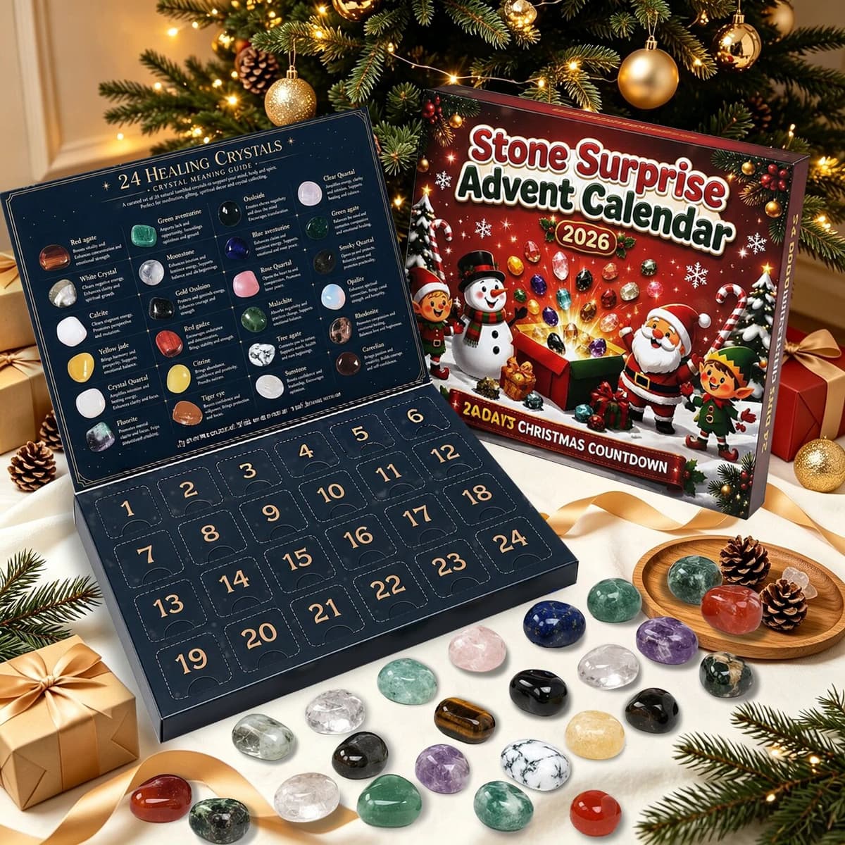 NONE 2026 Crystal Advent Calendar, 24 Days Natural Healing Tumbled Gemstones Christmas Countdown Calendar, Stone Surprise Advent
