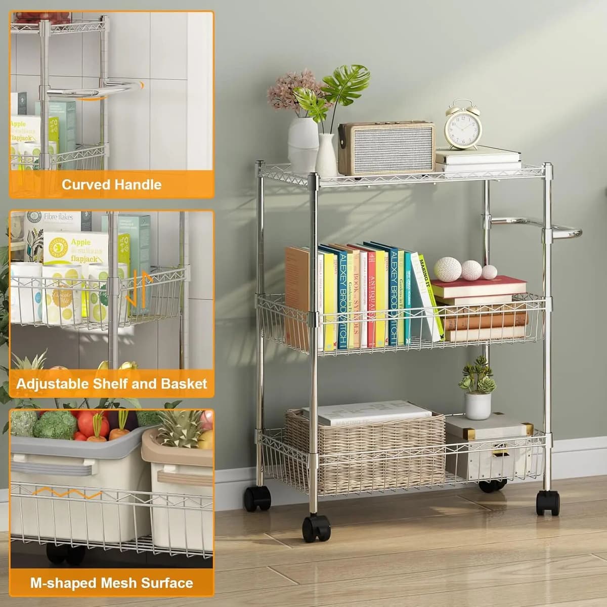 HiMISS 3 Tier Rolling Utility Kitchen Cart on Wheels, Metal Serving Cart with Handle Bar ,Metal Storage Shelving Units for Laundry Room