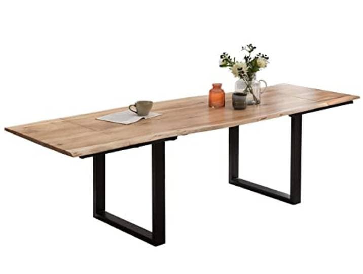 SAM Esstisch Adina 180(280) x90 cm Akazie Natur Baumkante U schwarz Baumkantentisch massiv, Akazienholz naturfarben, ausziehbar, 26 mm Tischplatte, mit 2 Ansteckplatten, Metallgestell