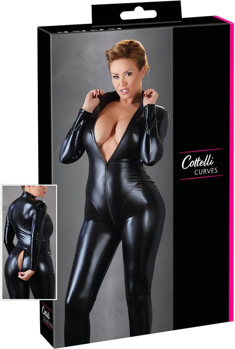 Cottelli Plus Size - salopetă party lucioasă cu mâneci lungi - negru - 2XL