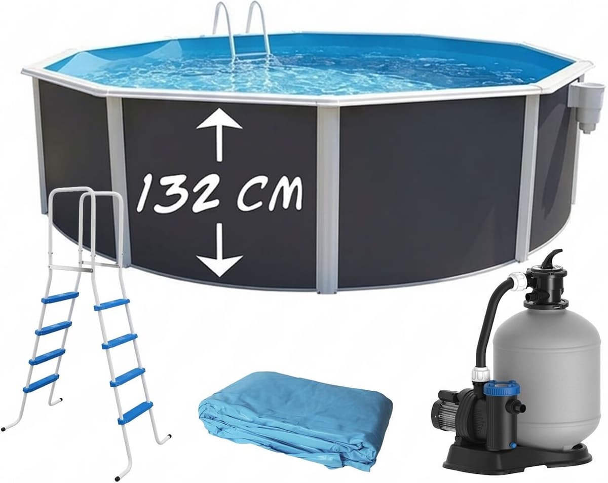 Piscine hors-sol acier Toi ANTHRACITE MAGNUM ronde Ø 350cm H 132cm liner bleu