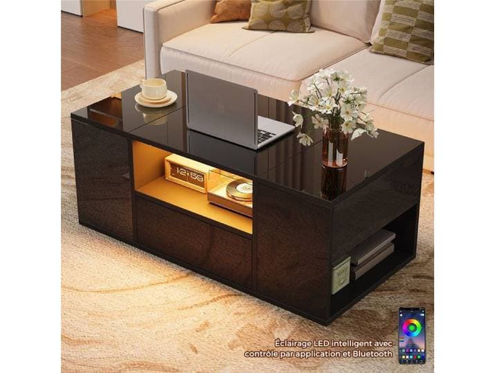 Table Basse Noir Laque Brillant avec LED Contrôle par Appli Table Basse Coffre avec Tiroir et Compartiment Ouvertes 100x50x40 cm
