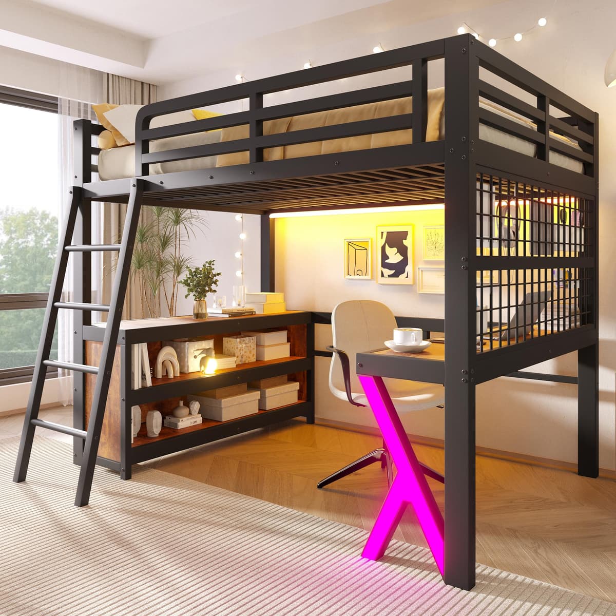 Hochbett 140 x 200 cm mit Schreibtisch, LED-Lichtleiste und Aufbewahrungsschrank, Metall und MDF, Schutzgeländer, Schwarz