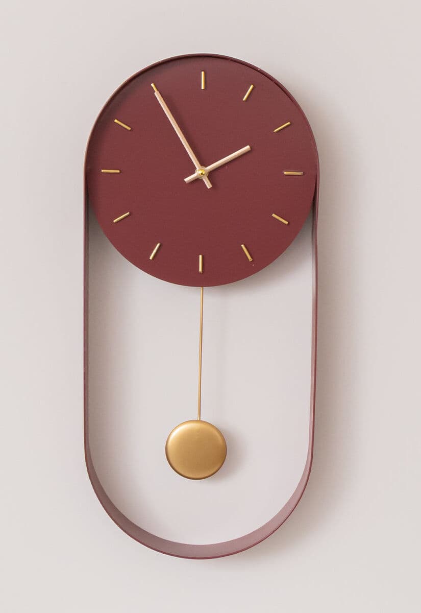 Raspberry Red & Gold Pendulum Metal Analogue Wall Clock - 20cm x 55cm Metal
